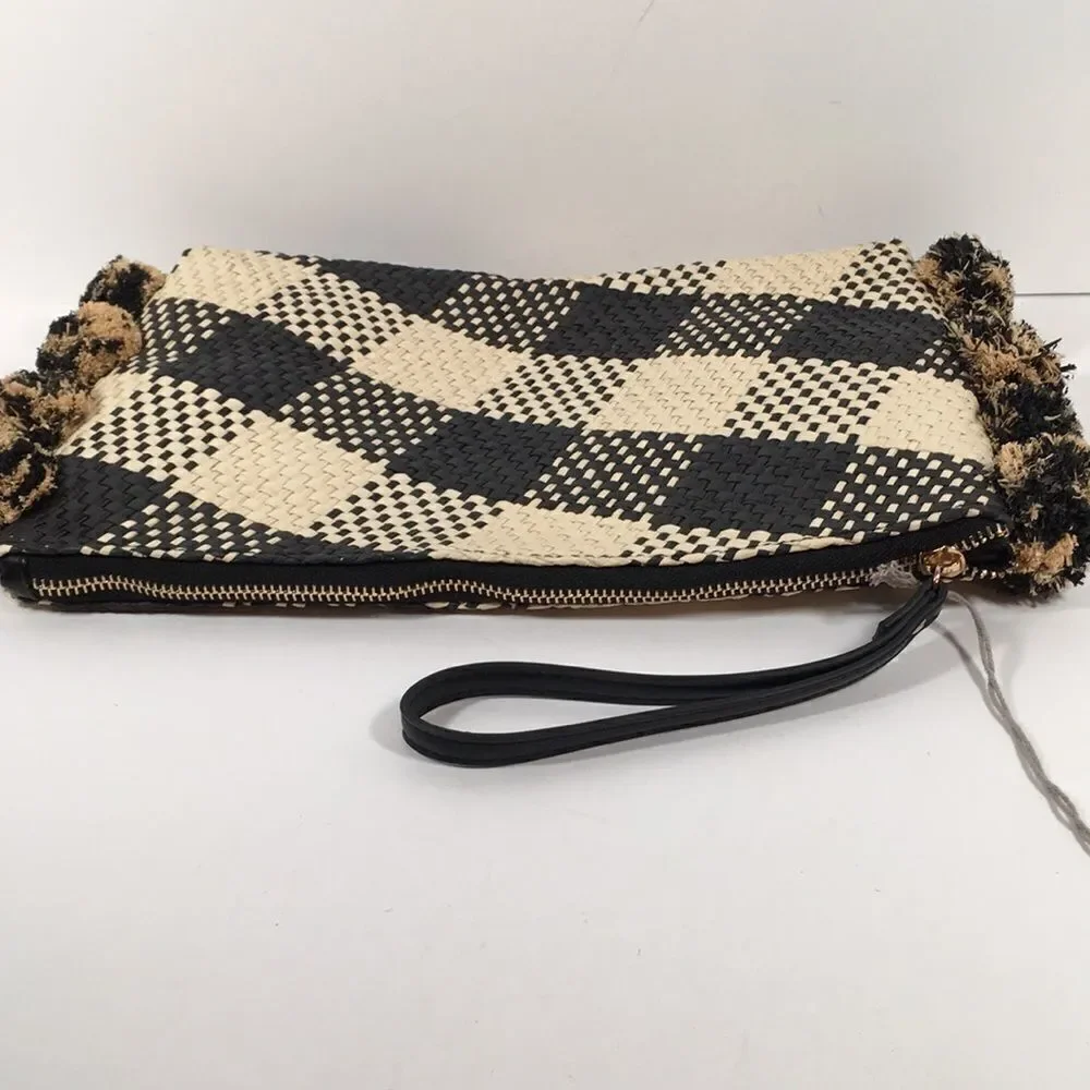 A New Day Straw Rafia Black and Creme Pom Pom Clutch Wristlet